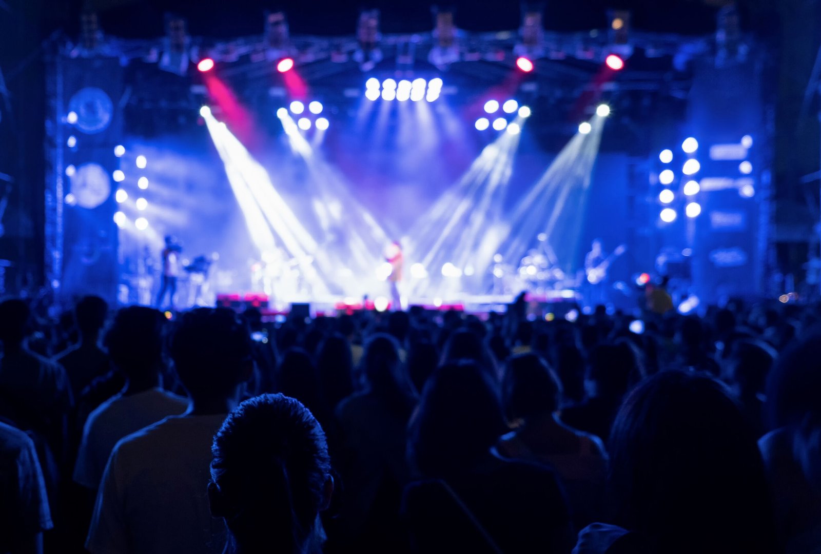 Silhouettes of crowd, group of people, cheering in live music concert in front of colorful stage lights.