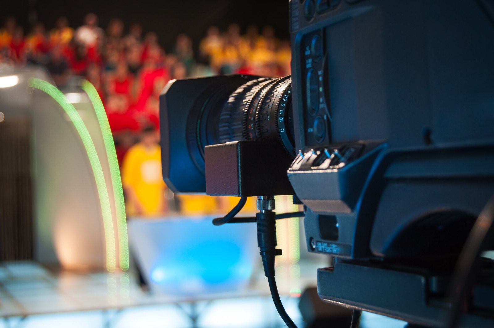 A close-up shot of a video camera for shooting or recording a show in a TV studio