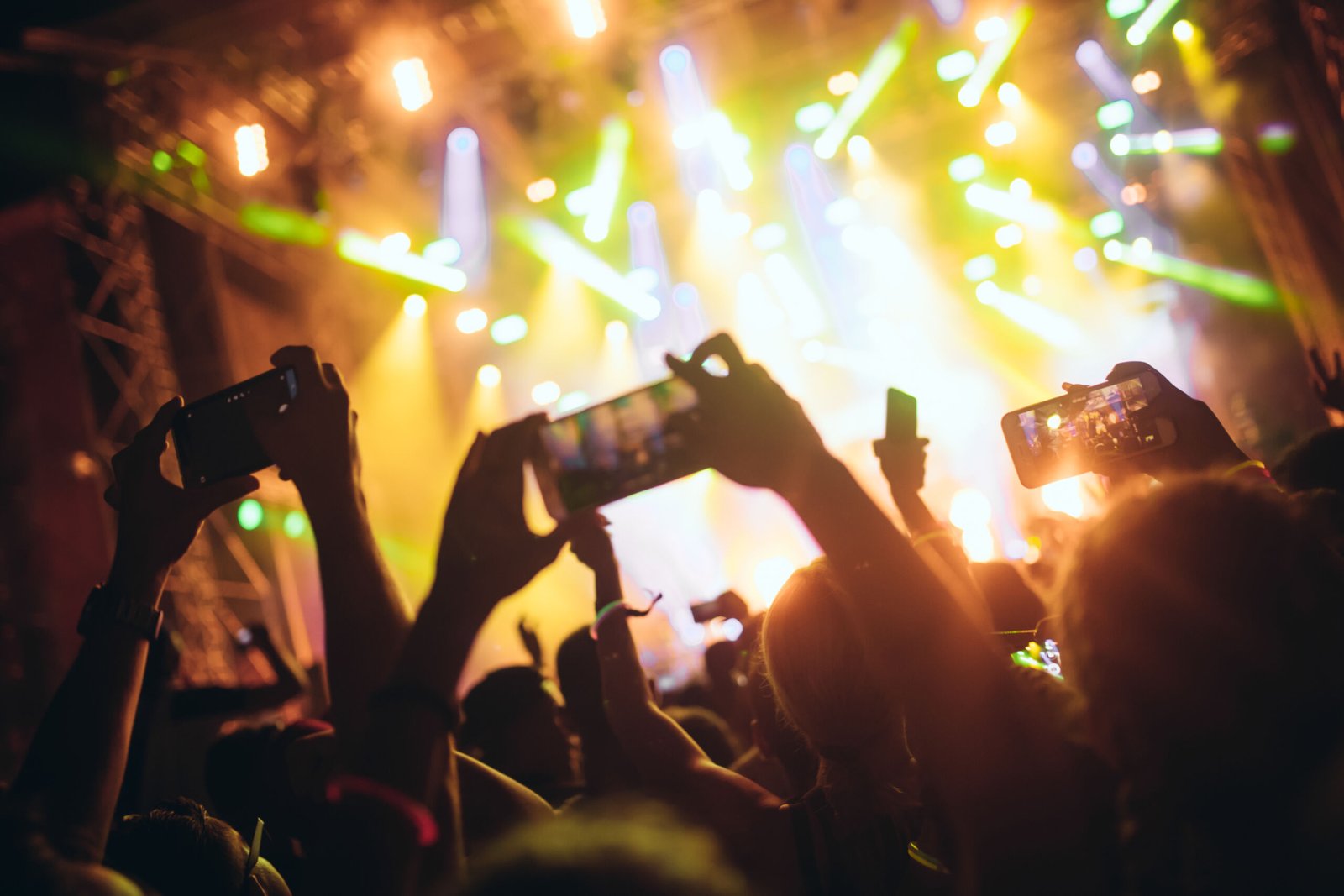 Portrait of happy crowd enjoying and dancing at music festival